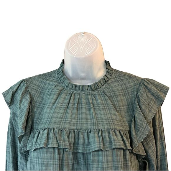 Universal Threads Green/Blue Plaid Ruffled Shirt Sz Small Prairie Cottagecore - Picture 3 of 14